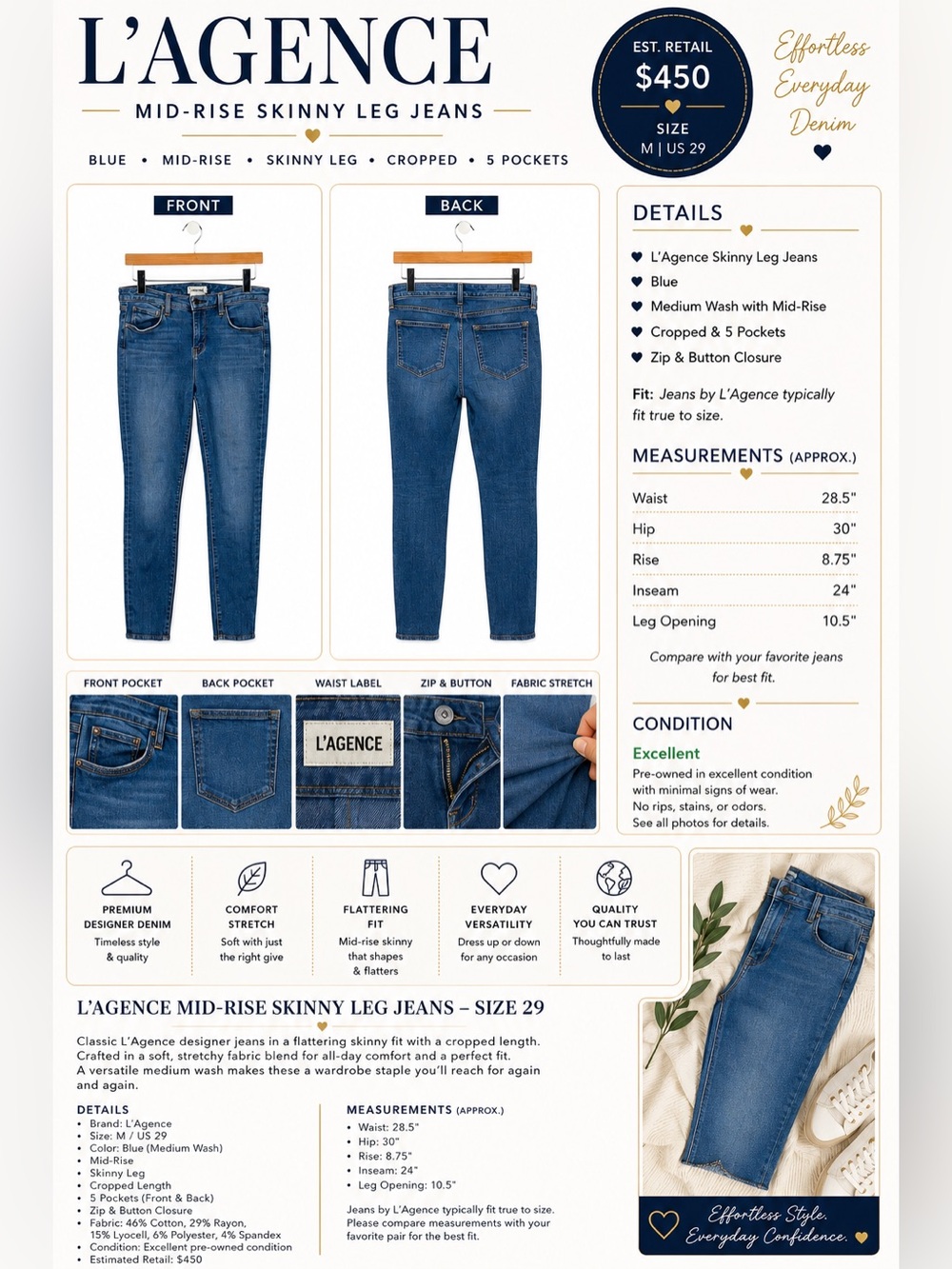 L’Agence Mid-Rise Skinny Leg Jeans – Size 29